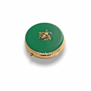 Antique Gold Bee Pill Box Inlaid in Hand Painted Enamel Vintage Style Art Deco Inspired with Personalize and Color Options Available