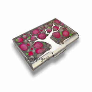 Baum des Lebens Kartenetui im handbemalten Baum des Lebens in Fuchsia und Grün Emaille Metall Brieftasche Personalisierte und Farboptionen