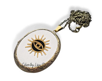 Gold Evil Eye Large Locket Hand Painted White Enamel Art Deco Design Necklace with Color and Personalized Options