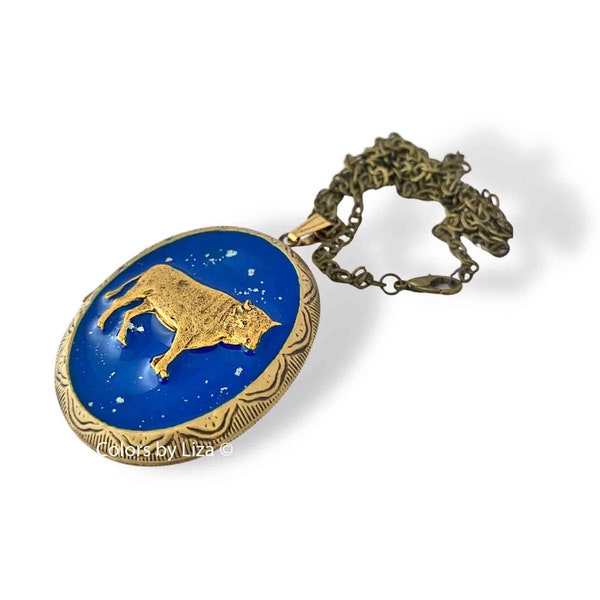 Taurus Pill Box Necklace Inlaid in Hand Painted Cobalt Blue Glossy Enamel Oval Locket Zodiac Bull Design with Personalized and Color Option