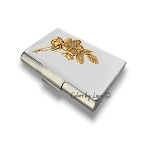 Estuche grande para tarjetas de presentación Art Nouveau en esmalte pintado a mano Diseño de rosas blancas brillantes con color y opciones personalizadas disponibles