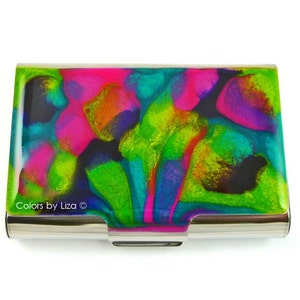Estuche de tarjeta grande marblelized en esmalte brillante pintado a mano turquesa lima y púrpura Diseño abstracto Personalizar y colorear Opciones disponibles