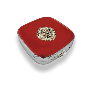 Lion Pill Case Inlaid in Hand Painted Red Glossy Enamel Neo Victorian Zodiac Leo with Personalized and Color Options