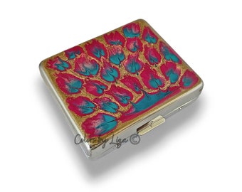 Peacock Design Weekly Pill Case with 8 Daily Compartments in Hand Painted Fuchsia and Turquoise Enamel Personalize and Color Option