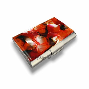 Estuche grande para tarjetas de presentación pintado a mano con diseño abstracto de esmalte múltiple en naranja y rojo con opciones de color y personalización
