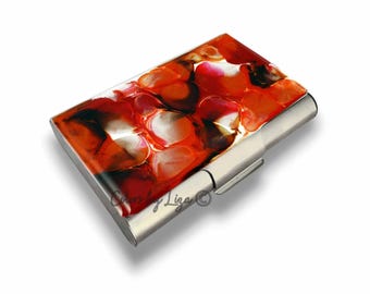 Hand Painted Business Card Case: Abstract Enamel Design, Personalized Option