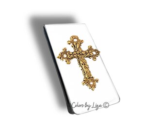 Antique Gold Cross Money Clip inlaid in Hand Painted Glossy White Enamel Gothic Design with Personalized and Assorted Color Options