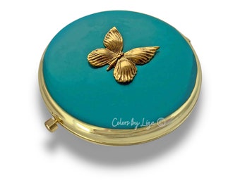 Butterfly Compact Mirror inlaid in Hand Painted Glossy Turquoise Enamel Art Nouveau Design Personalized and Color Options