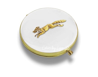Fox Compact Mirror: ANtique Gold, Hand Painted White Enamel, Personalized Option