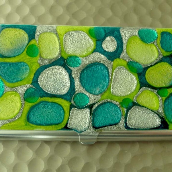 Metal Card Case, Metal Id Wallet Teal, Lime, and Silver Hand Painted Enamel Finish