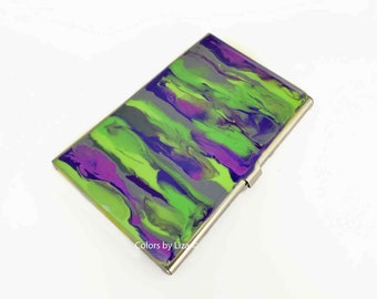 Étui à cartes de visite violet à la lime et gris peint à la main design abstrait avec une finition en émail brillant avec couleur et options personnalisées