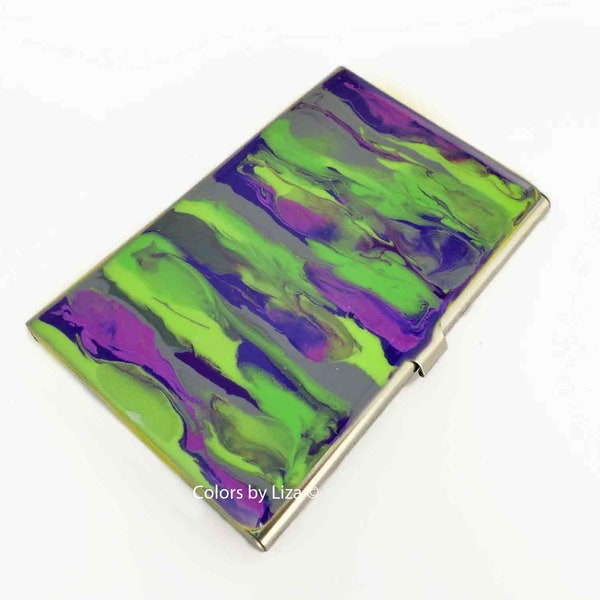 Purple Lime and Grey Business Card Case Hand Painted Abstract Design with a Glossy Enamel Finish with Color and Personalized Options