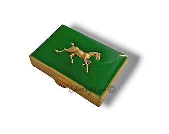 Antique Gold Horse Pill Box Hand Painted Glossy Classic Green Enamel Art Deco Inspired with Personalized and Color Options Available