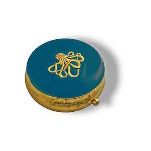 Hand Painted Turquoise Enamel Pill Box: Antique Gold Octopus, Nautical Gift