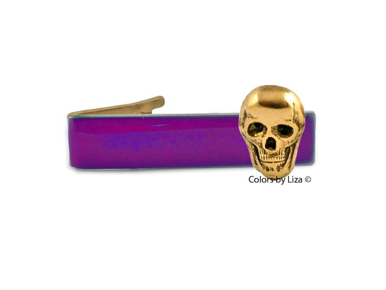 Skull Tie Clip Antique Gold Inlaid in Hand Painted Ultra Violet Opaque Enamel with Color Option