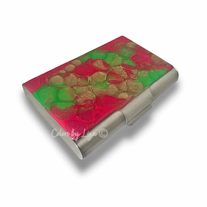 Estuche grande para tarjetas de visita fucsia y verde lima Cartera de metal inspirada en cuarzo esmaltado pintado a mano Colores personalizados y opciones personalizadas