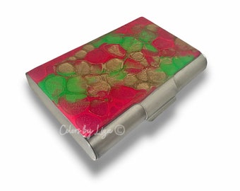 Fuchsia and Lime Green Large Business Card Case Hand Painted Enamel Quartz Inspired Metal Wallet Custom Colors and Personalized Options