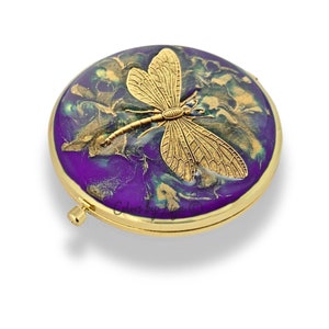 Dragonfly Compact Mirror Inlaid in Hand Painted Orchid and Gold Enamel Quartz Inspired with Personalize and Assorted Color Options image 1