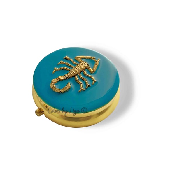 Scorpion Round Metal Pill Box Inlaid in Hand Painted Turquoise Opaque Enamel Zodiac Inspired Personalized and Color Options Available