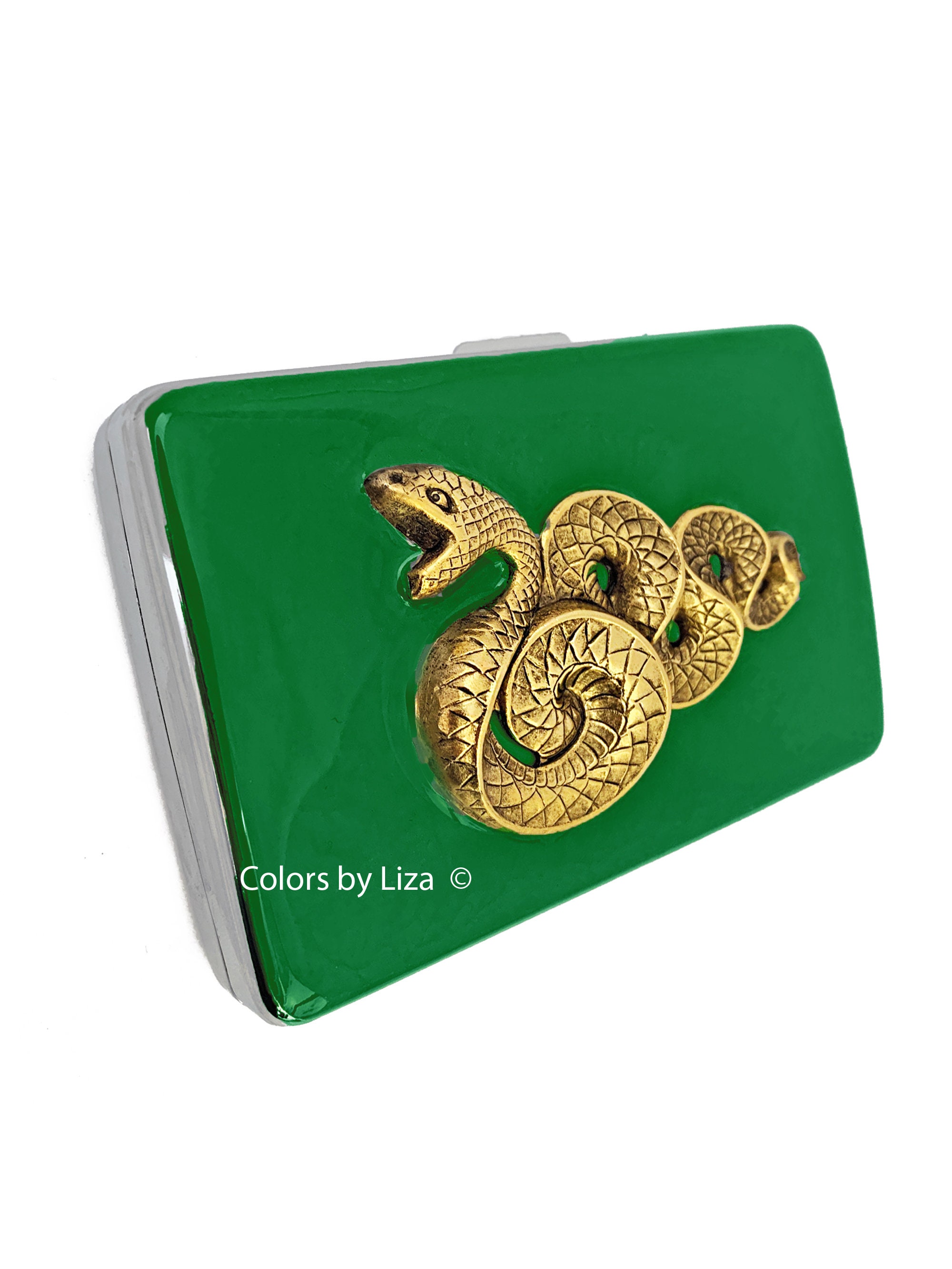 Snake Cigarette Case Inlaid in Hand Painted Green Enamel Metal Wallet Art Deco Serpent Design With Custom Engraving and Color Options Etsy