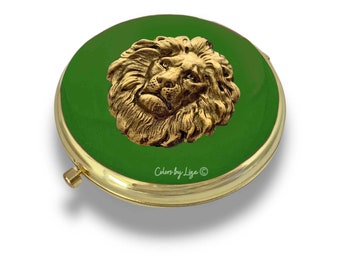 Antique Gold Lion Compact Mirror inlaid in Hand Painted Green Enamel Neoclassic Design Vintage Style with Personalized and Color Options