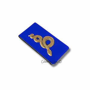 Pinza para billetes antigua de serpiente dorada, inspirada en una serpiente gótica, estilo vintage, regalo personalizado y opciones de color, pintada a mano con esmalte azul cobalto.