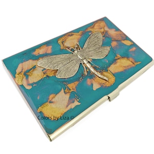 Antique Silver Dragonfly Business Card Case Hand Painted Turquoise and Gold Enamel Quartz Inspired with Color and Personalized Options