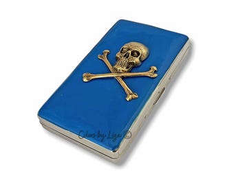 Antique Gold Skull Pill Case: Cobalt Blue Enamel, Personalized Option