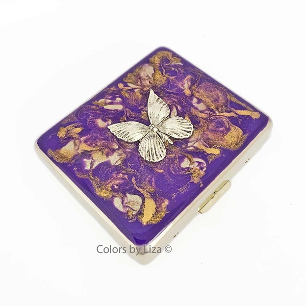 Butterfly Weekly Pill Box inlaid in Hand Painted Purple and Gold Enamel Quartz Inspired Design with Personalized and Color Options Available