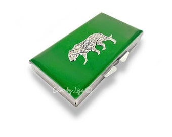 Antique Silver Tiger Pill Case: Green Enamel, Personalized Option