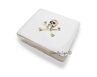 Skull and Crossbones Weekly Pill Box inlaid in Hand Painted White Enamel Vintage Style Personalized and Color Options Available