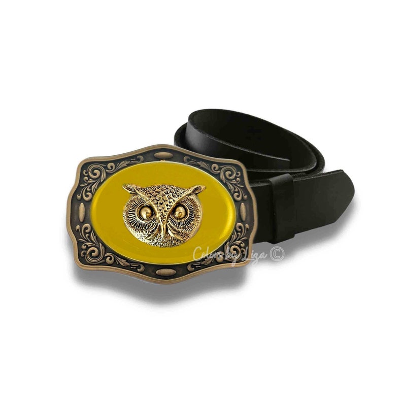 Antique Gold Owl Belt Buckle Inlaid in Hand Painted Yellow Opaque Enamel Vintage Style Bird Design with Custom Colors Available image 1