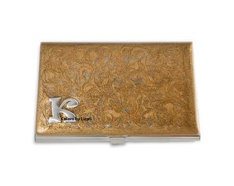Monogram Metal Card Case Hand Painted Enamel Gold Swirl Design with Insignia Choose your Letter Custom Colors and Personalized Options