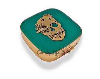 Gold Sugar Skull Pill Box Inlaid in Hand Painted Teal Opaque Enamel Gothic Design Vintage Style with Personalize and Color Option