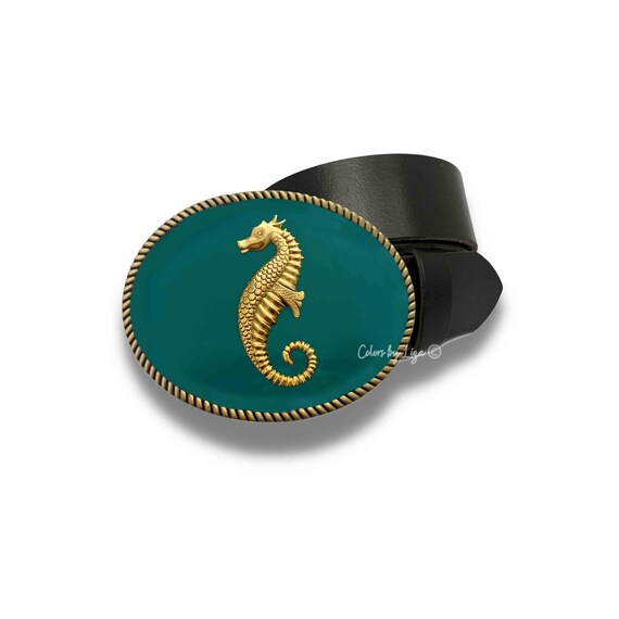 Teal Enamel Seahorse Belt Buckle, Antique Gold Nautical  display picture 2