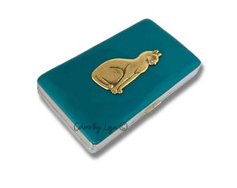 Pastillero antiguo dorado con diseño de gato: esmalte azul turquesa, diseño Art Déco dorado personalizado.