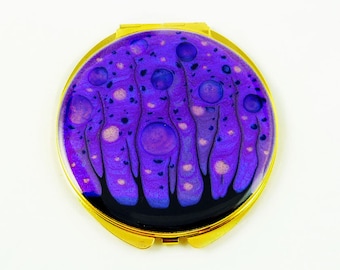 Blossom Compact Mirror in Hand Painted Purple and Lilac Enamel Floral Inspired Design with Personalized and Color Options