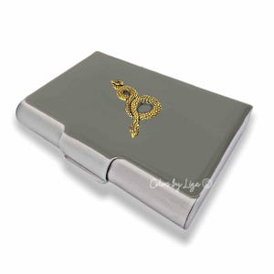Porta-cartões de visita em forma de cobra dourada antiga, em esmalte opaco taupe brilhante, estojo de grande capacidade, estilo vintage com opções personalizadas e de cores