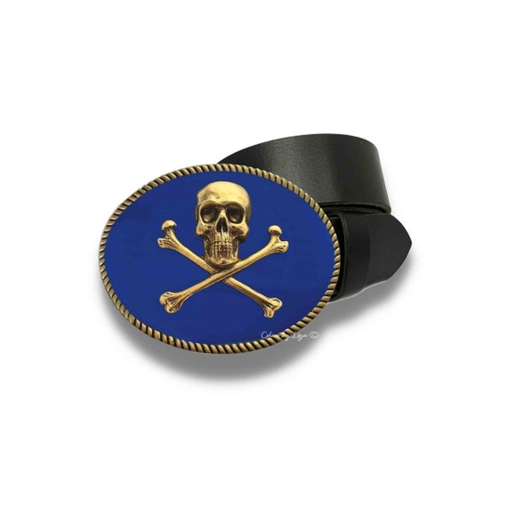 Skull and Crossbones Belt Buckle in Red With Silver Splash