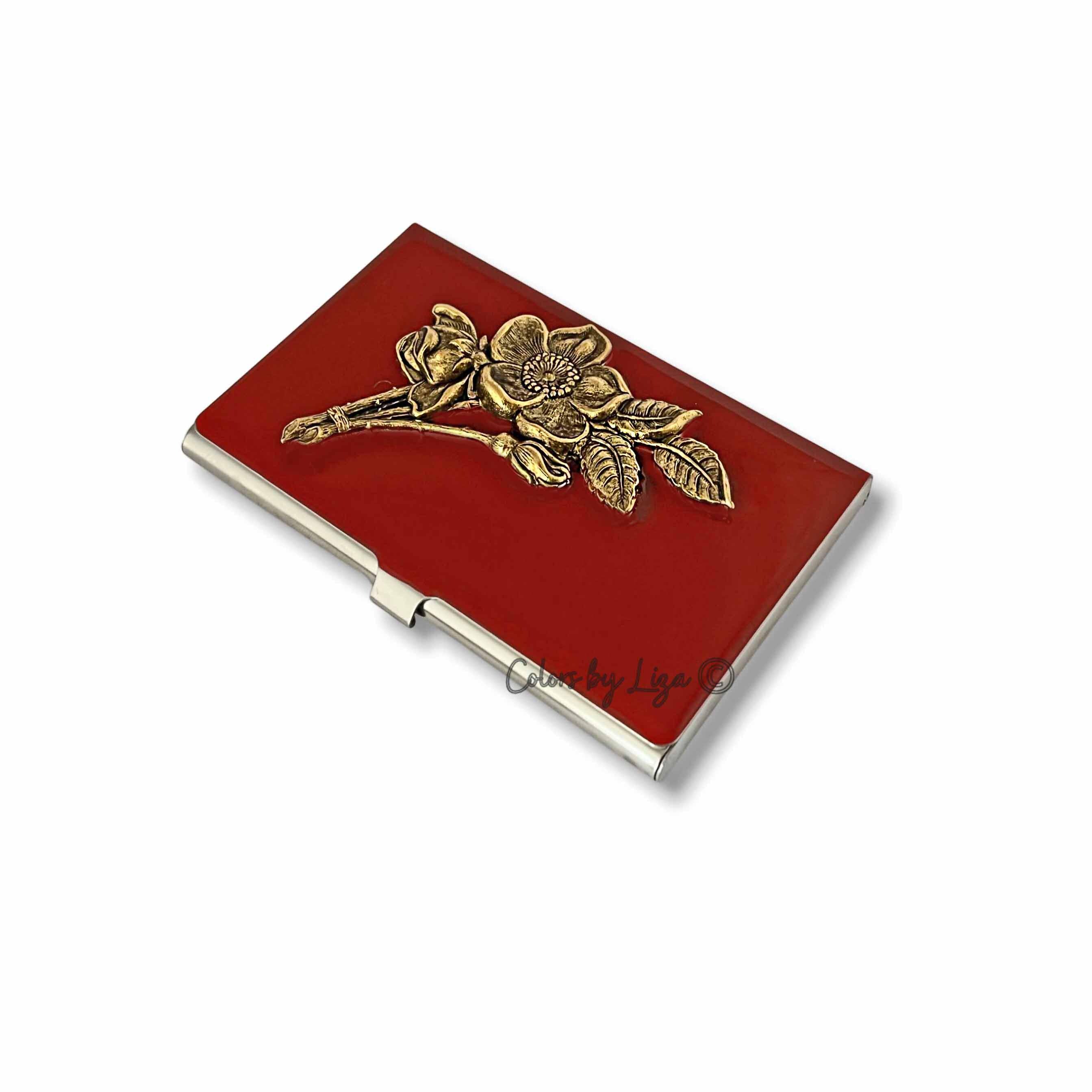 Hand Painted Floral Business Card Case: Antique Gold & Red Enamel