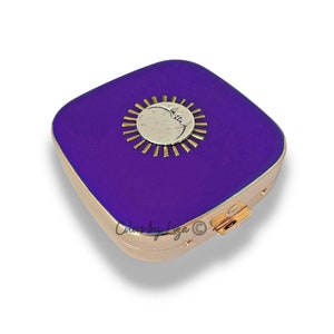 Art Nouveau Celestial Pill Box: Purple Enamel Moon Starburst, Personalized