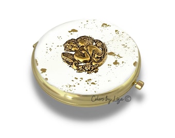 First Kiss Compact Mirror inlaid in Hand Painted White with Gold Splash Enamel Vintage Style with Personalized and Color Options