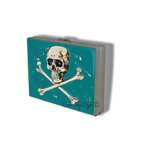 Totenkopf Geldbörse mit Kreditkartenfächern handbemalt blaugrün mit silbernem Splash Emaille RFID-Blocker Personalisierungs- und Farboptionen