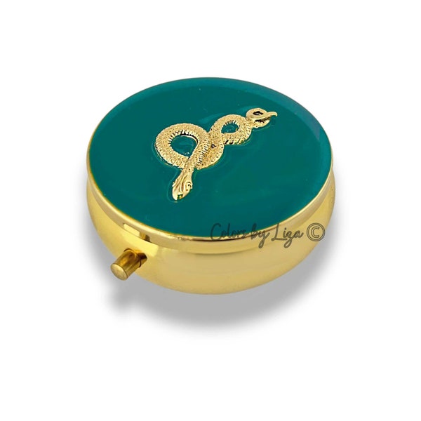 Gold Snake Pill Box Inlaid in Hand Painted Glossy Teal Enamel Vintage Style Serpent Design Personalized and Color Options Available