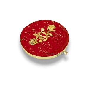 Antique Gold Rose Compact Mirror: Hand Painted Red Enamel, Personalized Option