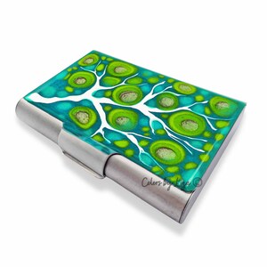 Große Metall Kartenetui handbemalt Emaille Teal und Lime Blossom inspiriert benutzerdefinierte Farben und personalisierte Optionen
