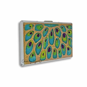 Pfau Brieftasche und Kreditkartenveranstalter in handbemaltem Türkis-Gold-Emaille-abstraktes Design-personalisierte Farbwahlen