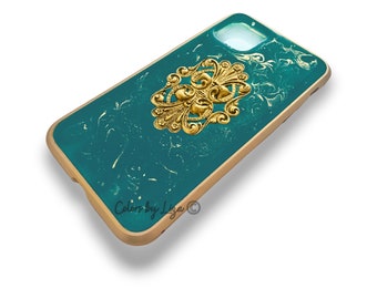 Baroque Iphone Case or Galaxy Phone Case Hand Painted Teal with Gold Swirl Enamel Baroque Style 360 Magnetic Case with Color Options