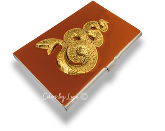 Hand Painted Serpent Business Card Case: Orange Enamel Snake Design
