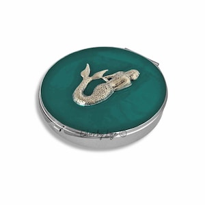Antique Silver Mermaid Pill Box, with 7 Compartments, Vintage Style with Personalized and Color Options, in Hand Painted Teal Green Enamel